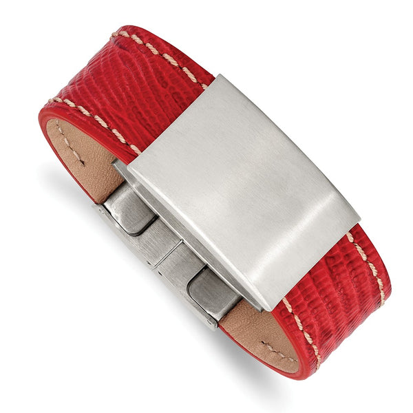 Stainless Steel Brushed Red Leather 8in ID Bracelet