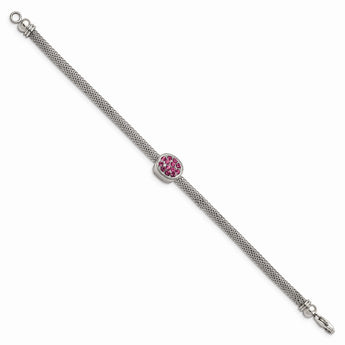 Stainless Steel Polished and Textured Pink Crystal 7.25in. Bracelet