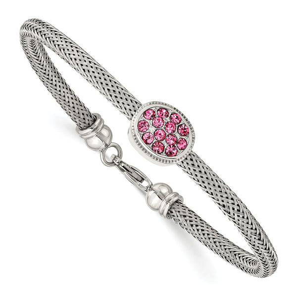 Stainless Steel Polished and Textured Pink Crystal 7.25in. Bracelet