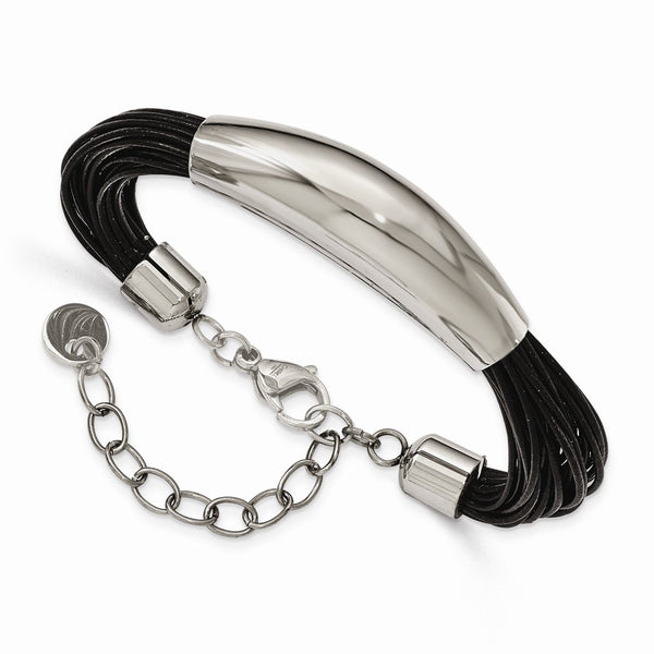 Stainless Steel Polished Faux Leather Cords 2.5in ext. Bracelet