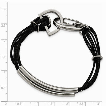 Stainless Steel Polished 3 Steel Tube w/ Black Wax Cord Bracelet