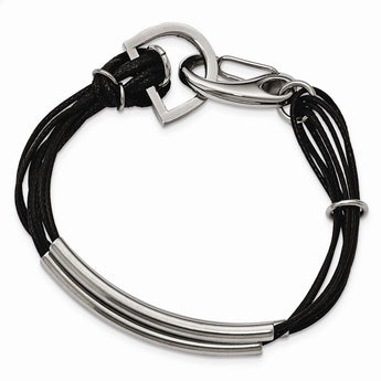 Stainless Steel Polished 3 Steel Tube w/ Black Wax Cord Bracelet