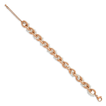 Stainless Steel Polished Rose IP-Plated & Faux Pearl w/1.5in ext. Bracelet