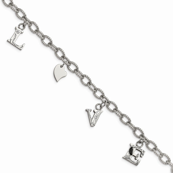 Stainless Steel Polished and Textured LOVE Charm Bracelet