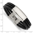 Stainless Steel Polished Blk Leather ID Bracelet