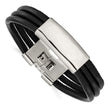 Stainless Steel Polished Blk Leather ID Bracelet