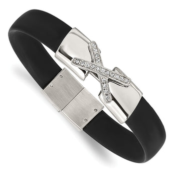 Stainless Steel Polished CZ Silicone Band Bracelet
