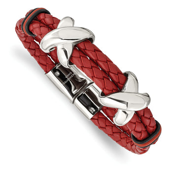 Stainless Steel Polished Red Leather and Rubber Bracelet