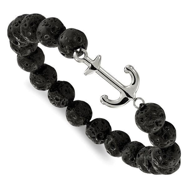 Stainless Steel Polished with Black Lava Stone Anchor Stretch Bracelet