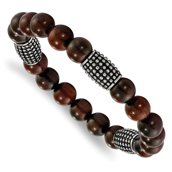Stainless Steel Polished and Antiqued w/RoseWood Beads Stretch Bracelet