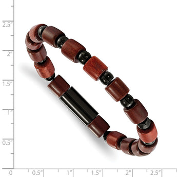 Stainless Steel Polished Black IP-plated w/Wooden Beads Stretch Bracelet