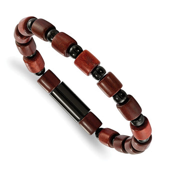 Stainless Steel Polished Black IP-plated w/Wooden Beads Stretch Bracelet