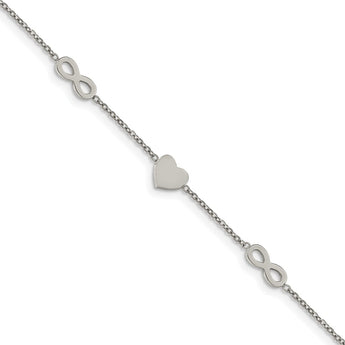 Stainless Steel Polished 7in w/1in ext. Heart and Infinity Bracelet