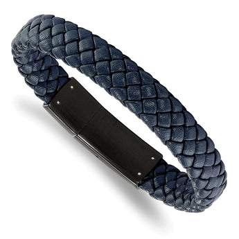 Stainless Steel Polished Black IP-plated Blue Braided Leather 8in Bracelet