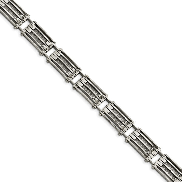 Stainless Steel Polished with Carbon Fiber 8.25 inch Link Bracelet