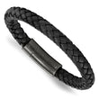 Stainless Steel Brushed Black Braided Genuine Leather 8.25in Bracelet