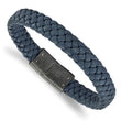 Stainless Steel Brushed Blue Braided Genuine Leather 8.25in Bracelet