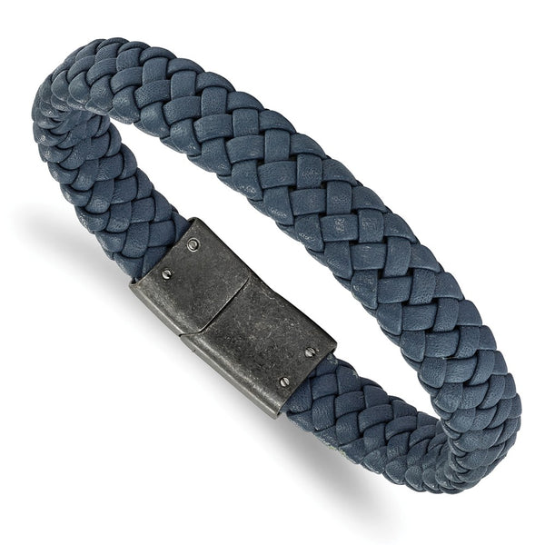 Stainless Steel Brushed Blue Braided Genuine Leather 8.25in Bracelet