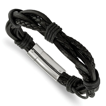 Stainless Steel Polished Black Leather Braided and Multi Twisted 8.5in Brac