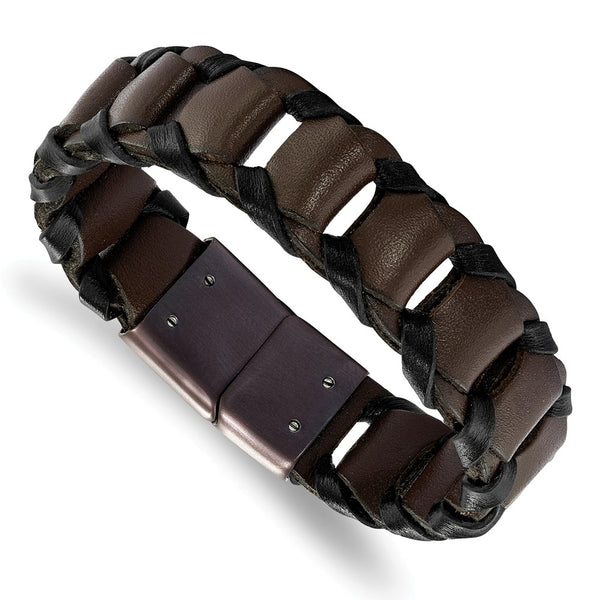 Stainless Steel Brown IP-plated Black and Brown Leather 8.25in Bracelet