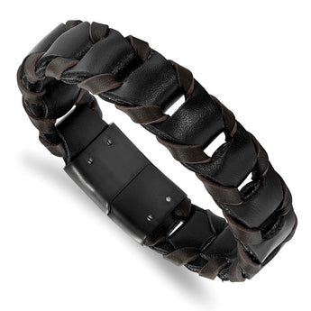 Stainless Steel Black IP-plated Black and Brown Leather 8.25in Bracelet