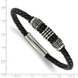Stainless Steel Polished and Black IP Bead Braided Black Leather Bracelet