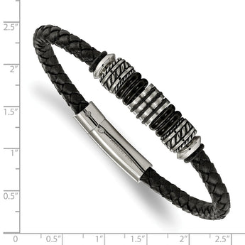Stainless Steel Polished and Black IP Bead Braided Black Leather Bracelet