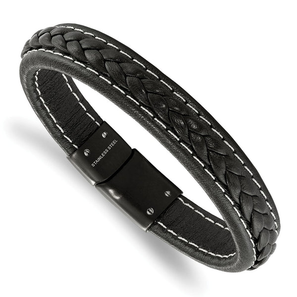 Stainless Steel Black IP-plated Genuine Black Leather 8.25in Bracelet