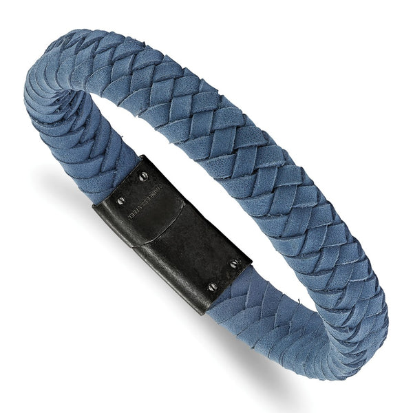 Stainless Steel Brushed Light Blue Leather Braided 8.25in Bracelet