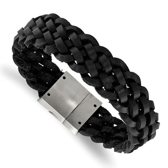 Stainless Steel Brushed Black Leather Braided Bracelet