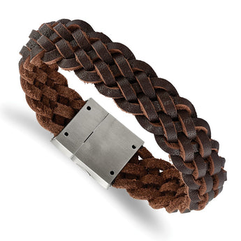 Stainless Steel Brushed Brown Leather Braided Bracelet