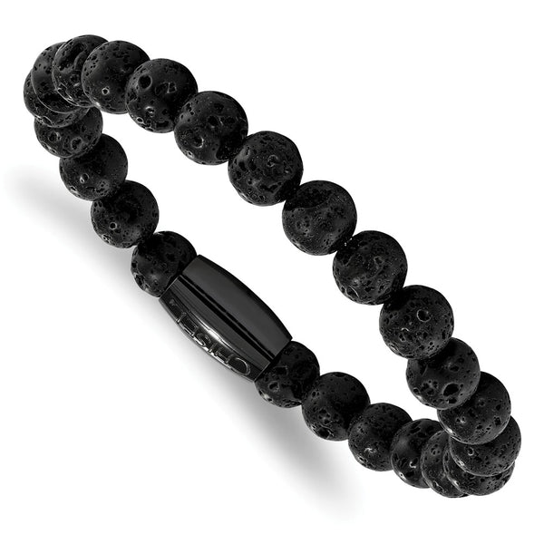 Stainless Steel Polished Black IP-plated Lava Rock Beaded Stretch Bracelet