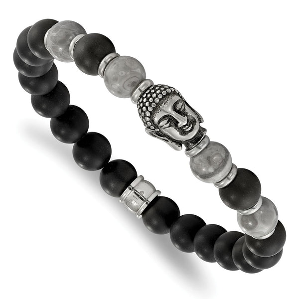 Stainless Steel Buddha Black Agate/Grey Jasper Beaded Stretch Bracelet