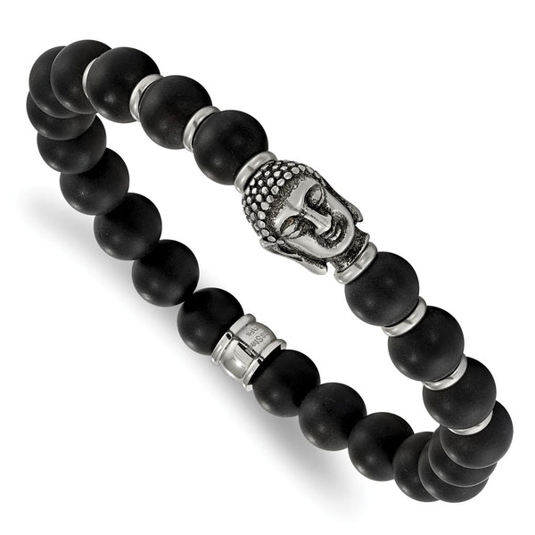 Stainless Steel Buddha Black Agate Beaded Stretch Bracelet