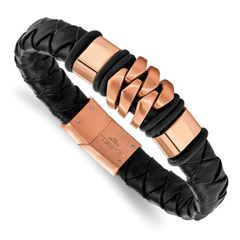 Stainless Steel Brushed Rose IP-plated Black Leather Bracelet