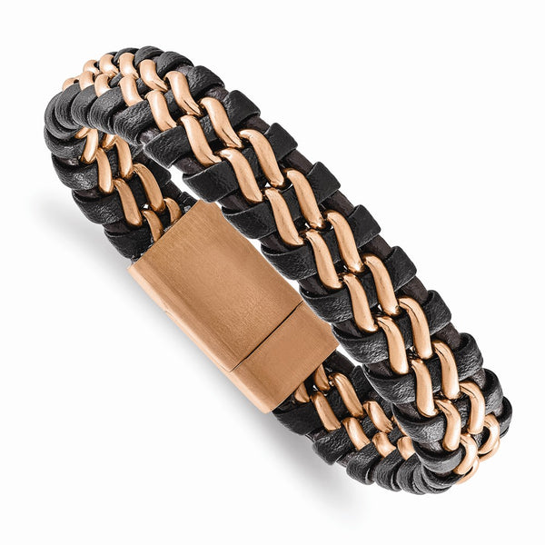Stainless Steel Brushed Rose IP-plated Brown Leather Bracelet