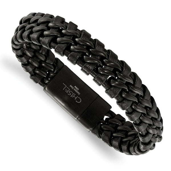 Stainless Steel Brushed Black IP-plated Black Leather Bracelet