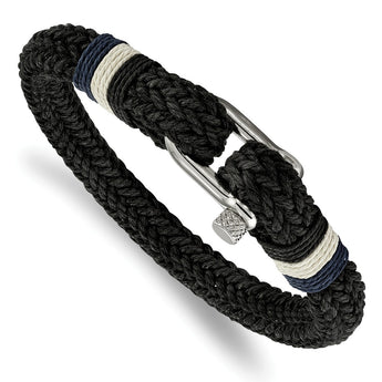Stainless Steel Polished Woven Black Cotton Bracelet