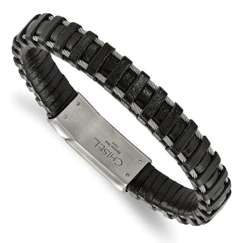 Stainless Steel Brushed Cable and Black Leather Bracelet