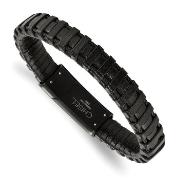Stainless Steel Black IP-plated Cable and Black Leather Bracelet