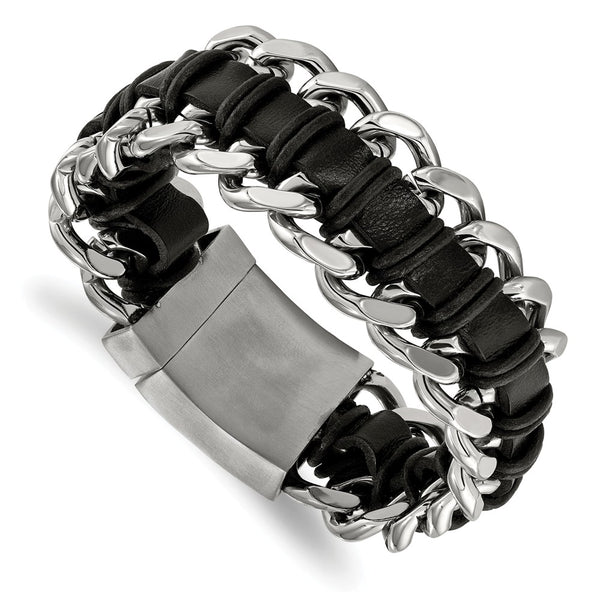 Stainless Steel Brushed and Polished Blk Leather Bracelet