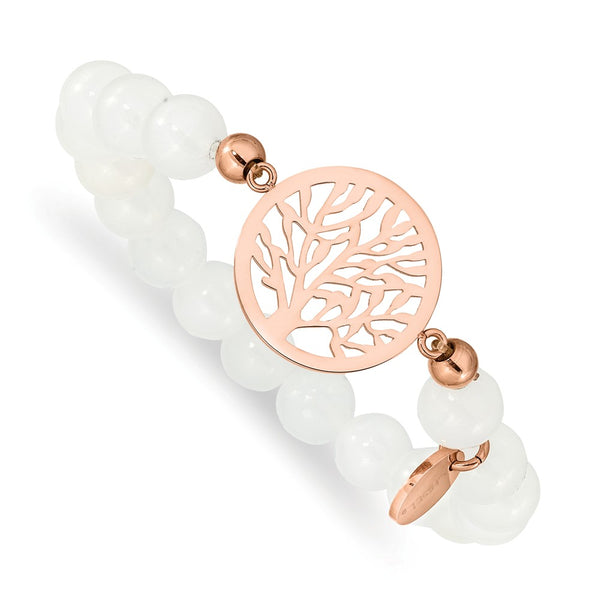 Stainless Steel Polished Rose IP-plated Tree White Jade Stretch Bracelet