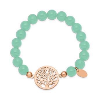 Stainless Steel Polished Rose IP Tree Green Dyed Jade Stretch Bracelet