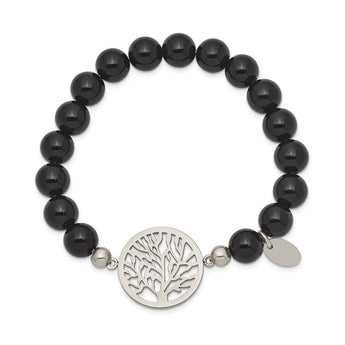 Stainless Steel Polished tree of Life Black Agate Beaded Stretch Bracelet