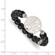 Stainless Steel Polished tree of Life Black Agate Beaded Stretch Bracelet