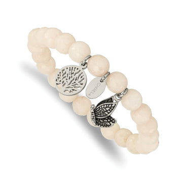 Stainless Steel Antiqued & Polished Butterfly White Jade Stretch Bracelet