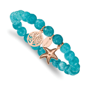 Stainless Steel Antiqued & Polished Rose IP Starfish Aqua Dyed Jade Bracele