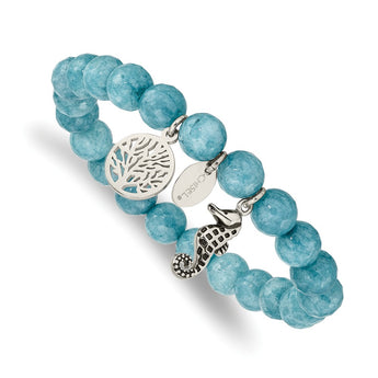 Stainless Steel Antiqued & Polished Seahorse Blue Dyed Jade Stretch Bracele
