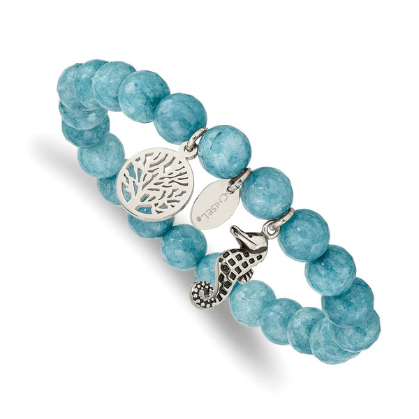 Stainless Steel Antiqued & Polished Seahorse Blue Dyed Jade Stretch Bracele