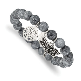 Stainless Steel Antiqued & Polished Dragonfly Grey Dyed Jade Bracelet